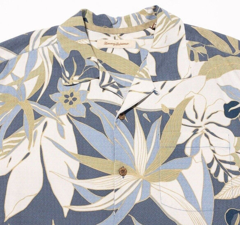 Tommy Bahama Silk Shirt Medium Men's Hawaiian Floral Print Camp Loop Blue Green