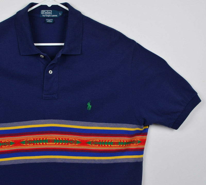 Polo Ralph Lauren Men's Sz Large Aztec Stripe Navy Blue Pony Polo Shirt