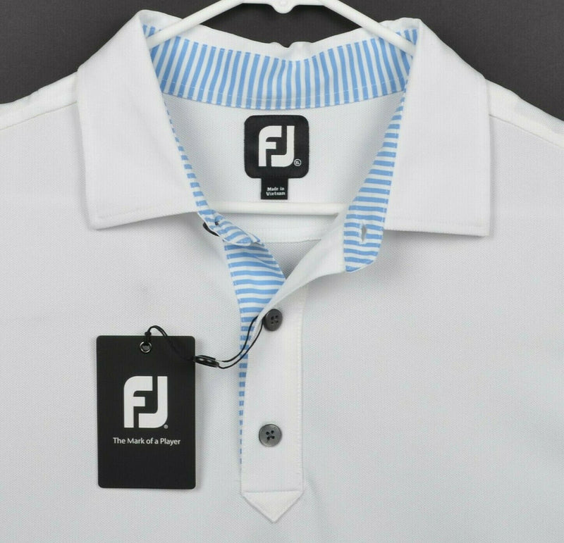 FootJoy Men's Sz XL Solid White Blue Stripe Accent FJ Golf Polo Shirt