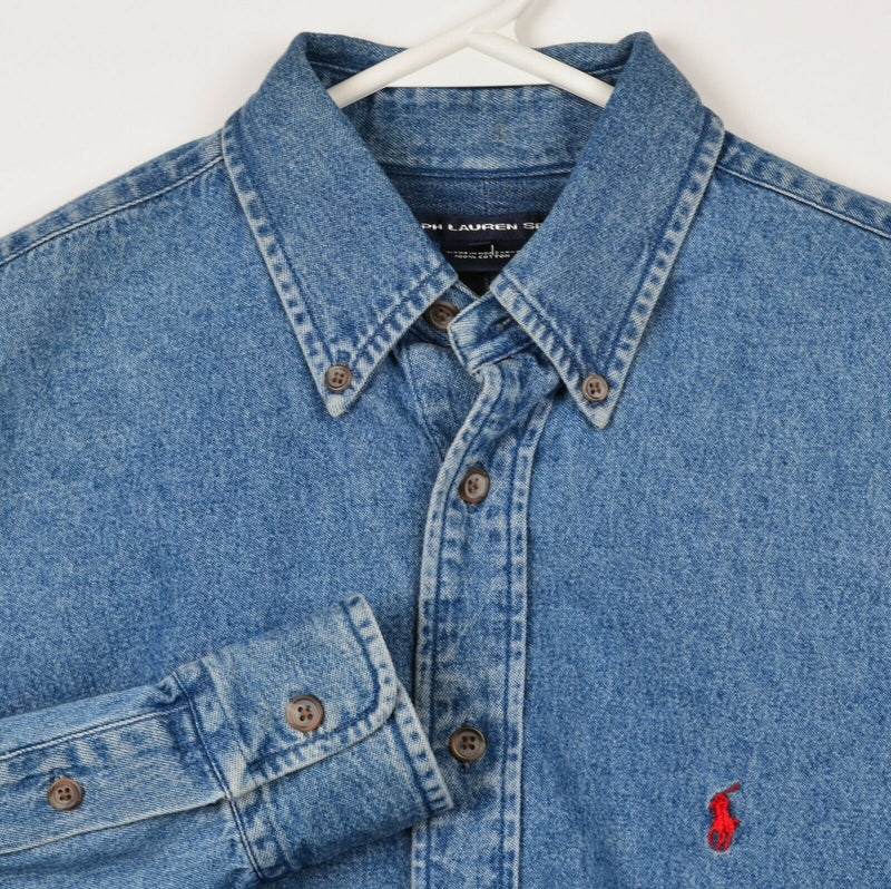 Vintage 90s Ralph Lauren Sport Women's 6 SHORT Denim Blue Jean Button-Down Shirt
