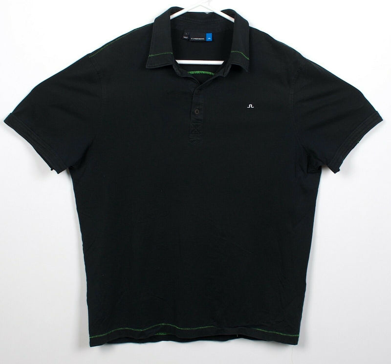 J. Lindeberg Men's Large Solid Black Logo Lime Green Accent Polo Shirt