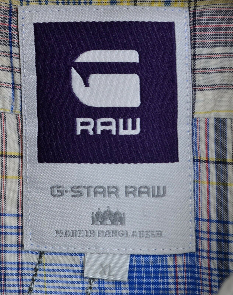 G-Star Raw Men's Sz XL Blue Yellow Plaid Graphic Short Sleeve Button-Front Shirt