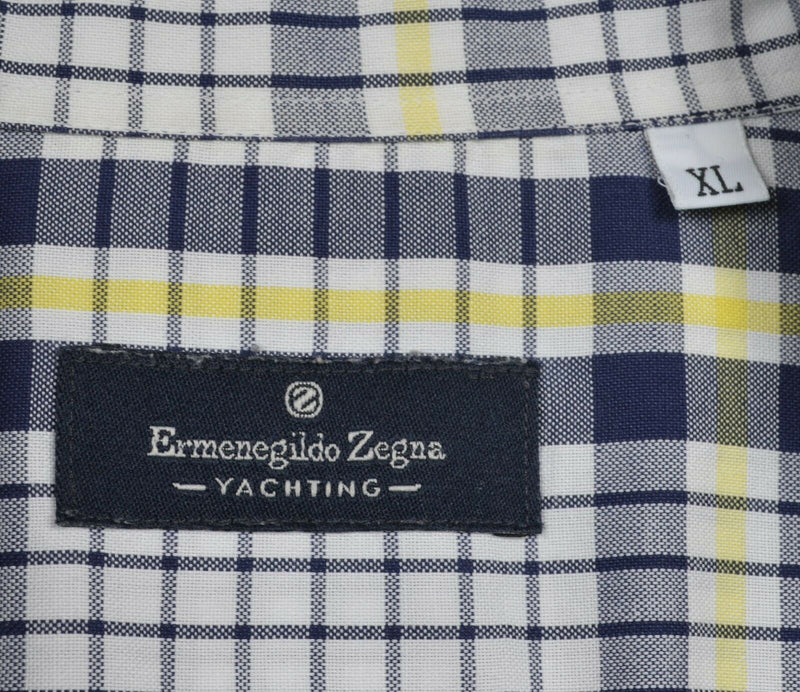 Ermenegildo Zegna Yachting Men's XL Navy Blue Yellow Plaid Button-Down Shirt