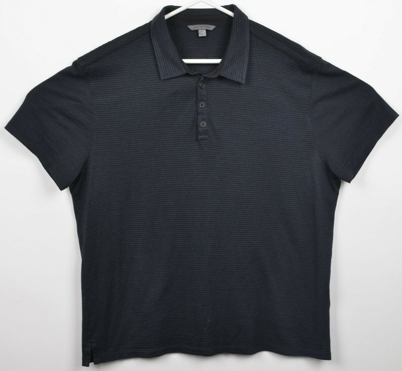 John Varvatos Men's XL Black Blue Striped Silk Cotton Short Sleeve Polo Shirt