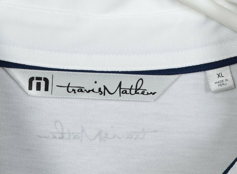 Travis Mathew Men's XL Golf White Blue Striped Cotton Blend Pocket Polo Shirt