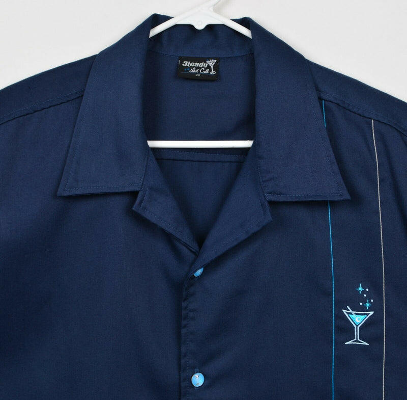 Steady Last Call Men's Sz 2XL Embroidered Logo Navy Blue Lounge Rockabilly Shirt