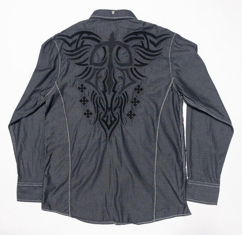 Roar Signature Shirt Large Men's Tribal Embroidered Long Sleeve Charcoal Gray