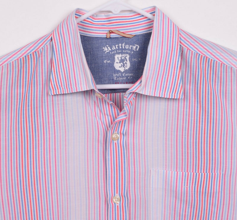 Hartford Men’s 2XL Linen Blend Red Blue Striped Button-Front Pocket Shirt