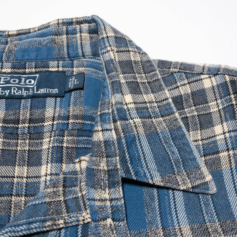 Polo Ralph Lauren Flannel Shirt Loop Collar Blue Plaid Button-Front Men's Large