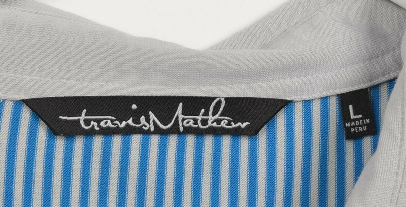 Travis Mathew Men Sz Large Blue Gray Striped Golf Polo Pocket Shirt Four Seasons