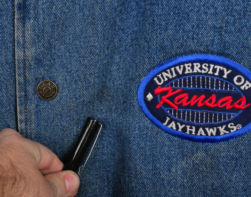 Vintage 90s Kansas Jayhawks Men's Large Denim Varsity Snap-Front Lined Jacket