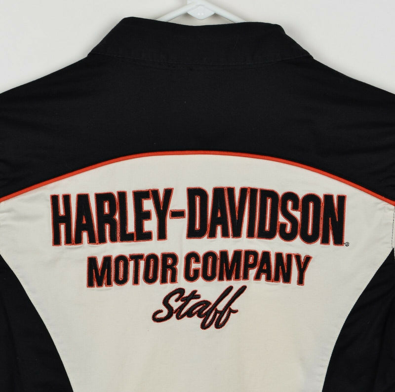 Harley Davidson Women's Sz Medium Staff Employee White Black Orange Snap Shirt