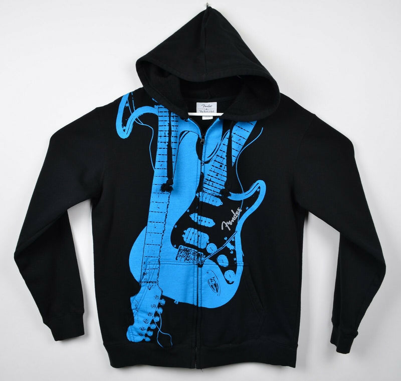 Fender Men's Sz Medium Black Blue Guitar Stratocaster Full Zip Hoodie Sweatshirt