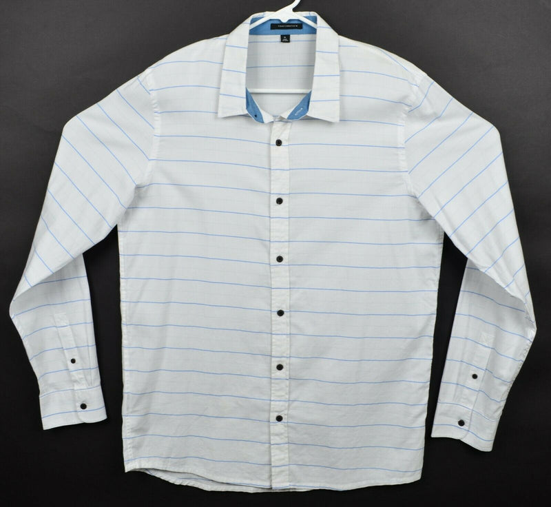 Travis Mathew Men's Sz XL White Blue Striped Button-Front Casual Shirt