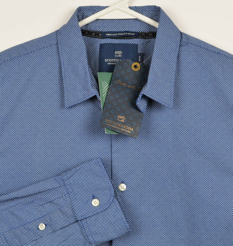 Scotch & Soda Men's Medium Slim Blue Polka Dot Cotton Spandex Button-Front Shirt