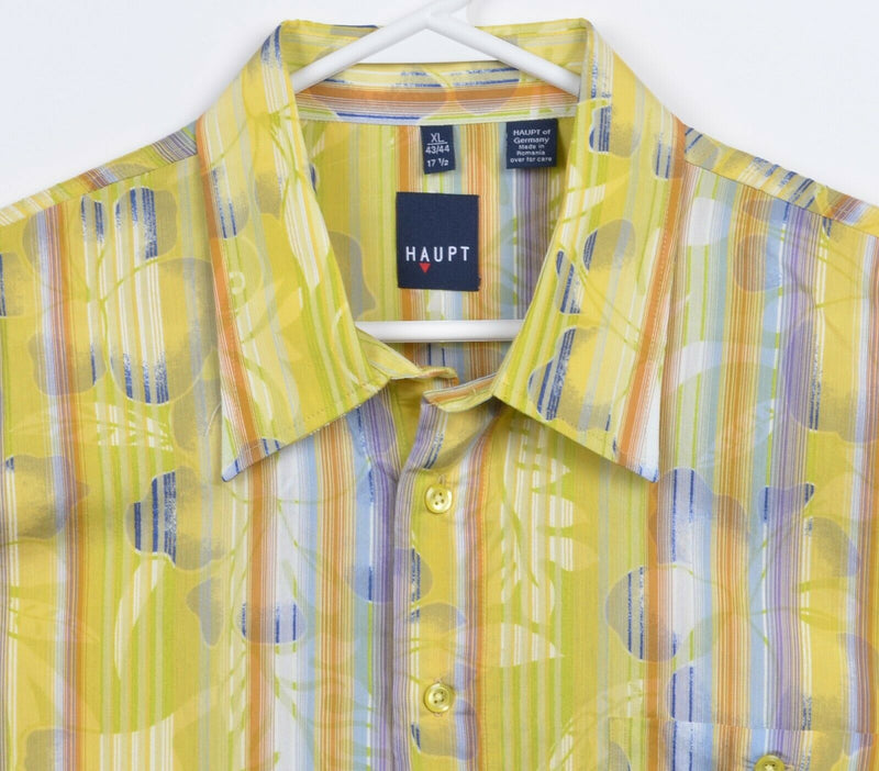 Haupt Germany Men's XL Floral Striped Yellow Textured Rayon Hawaiian Shirt