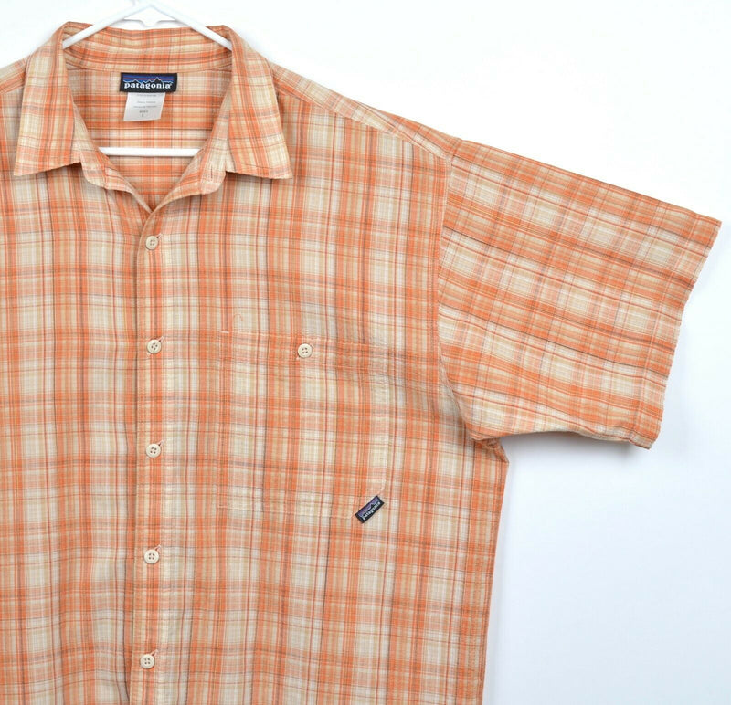 Patagonia Men's Large Polyester Organic Cotton Orange Plaid Hiking Shirt