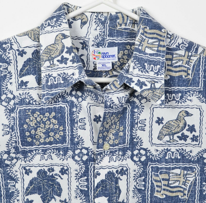 Reyn Spooner Men's XL Bird Flag Graphic Blue Hawaiian Traditionals Aloha Shirt