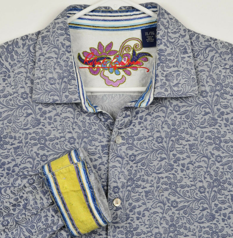 Robert Graham Men's XL Flip Cuff Paisley Floral Textured Blue Button-Front Shirt