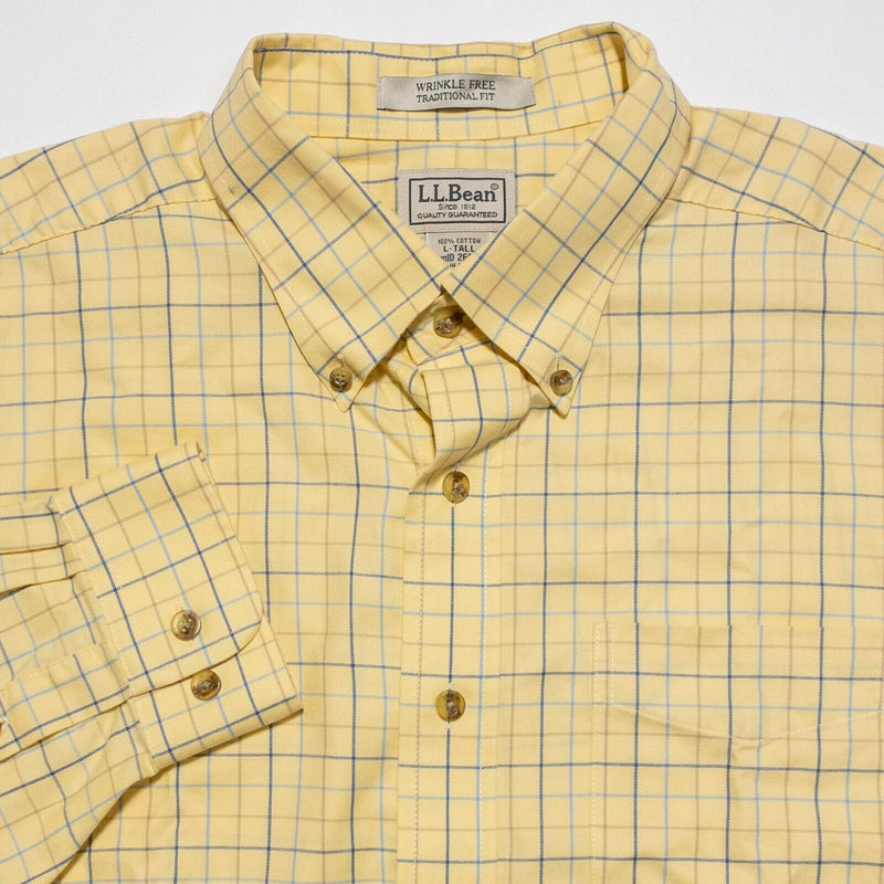 L.L. Bean Shirt LT Large Tall Men's Wrinkle-Free Twill Yellow Plaid Long Sleeve