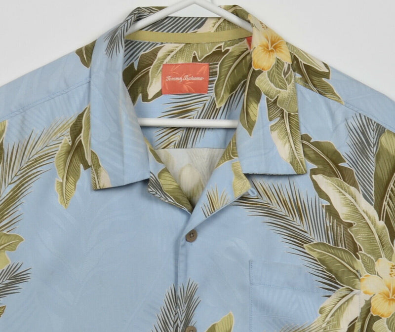 Tommy Bahama Men's XL 100% Silk Blue Floral Hawaiian Aloha Camp Shirt