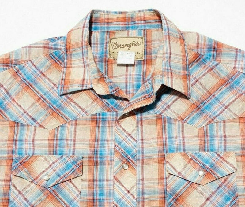 Wrangler Pearl Snap Shirt 2XL Men's Short Sleeve Western Orange Blue Plaid