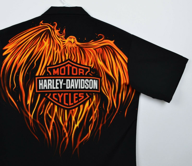 Harley-Davidson Men's Sz Large Flames Phoenix Bird Biker Polyester Camp Shirt