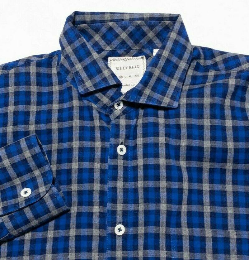Billy Reid Men's Medium Standard Cut Blue Gray Check Spread Collar Shirt