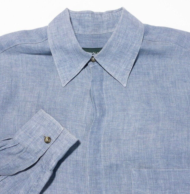 Canali Linen Shirt 15.5 39 Men's Blue Hidden Button-Front Long Sleeve Italian