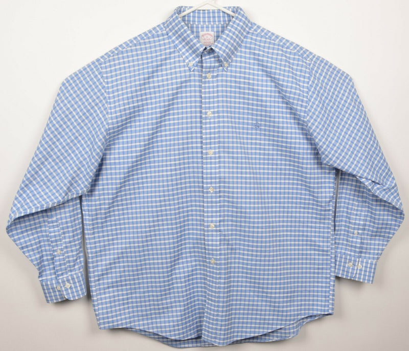 Brooks Brothers Men XL Non-Iron Blue Plaid Logo Madison Button-Down Dress Shirt