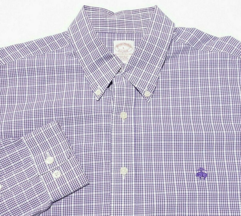 Brooks Brothers Non-Iron Button-Down Shirt Sheep Logo Purple Check Men's Large