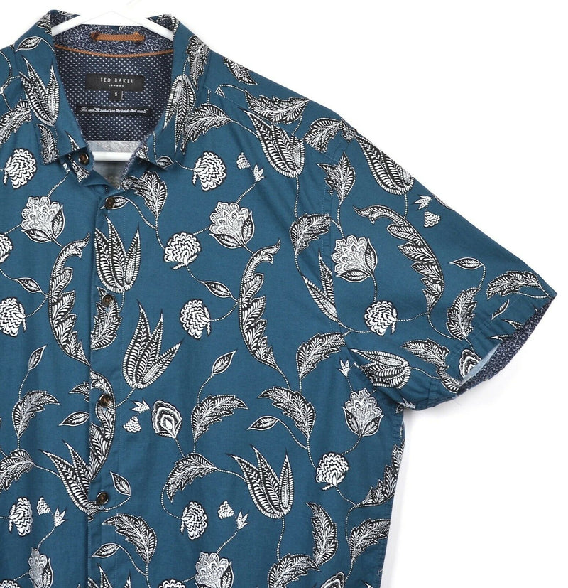 Ted Baker London Men's Sz 5 Floral Pattern Turquoise S/S Button-Down Shirt