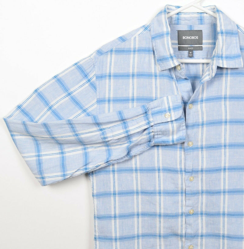 Bonobos Men's Medium Slim Fit Linen Blend Blue White Plaid Button-Front Shirt