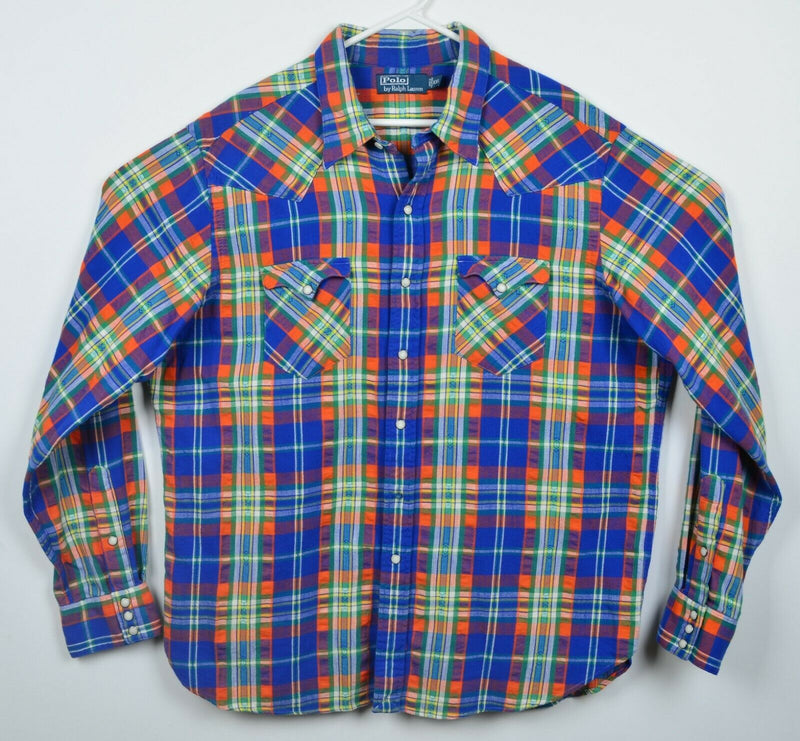 Polo Ralph Lauren Men's 2XL Pearl Snap Blue Orange Plaid Aztec Flannel Shirt