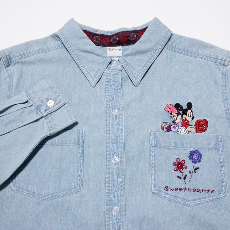 Disney Vintage Denim Shirt Women's XL Sweethearts Minnie Mickey Mouse Blue 90s