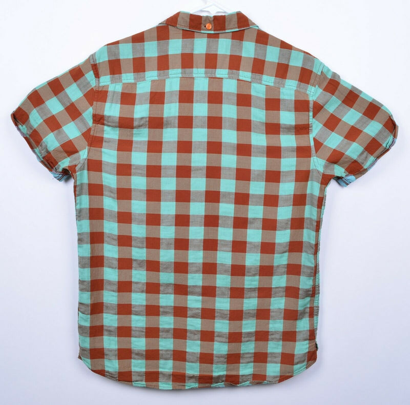 Scotch & Soda Men's Sz Large Orange Teal Green Plaid Check Button-Front Shirt