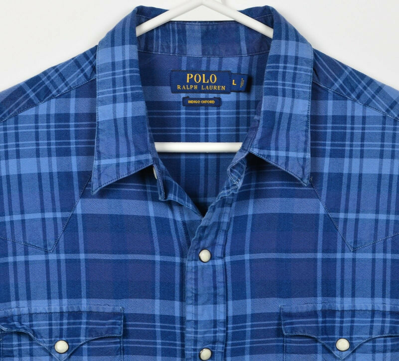 Polo Ralph Lauren Men's Large Pearl Snap Indigo Oxford Navy Plaid Western Shirt