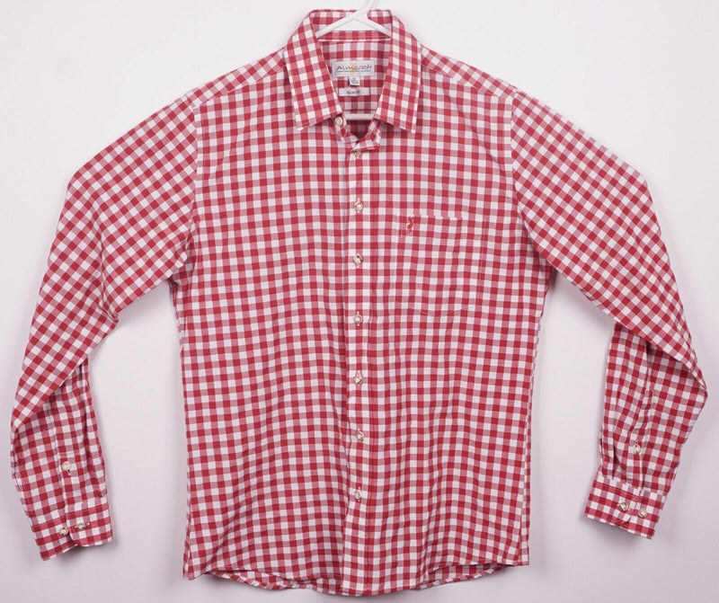 Almsach Men's Medium Slim Fit Oktoberfest German Red Gingham Button-Front Shirt