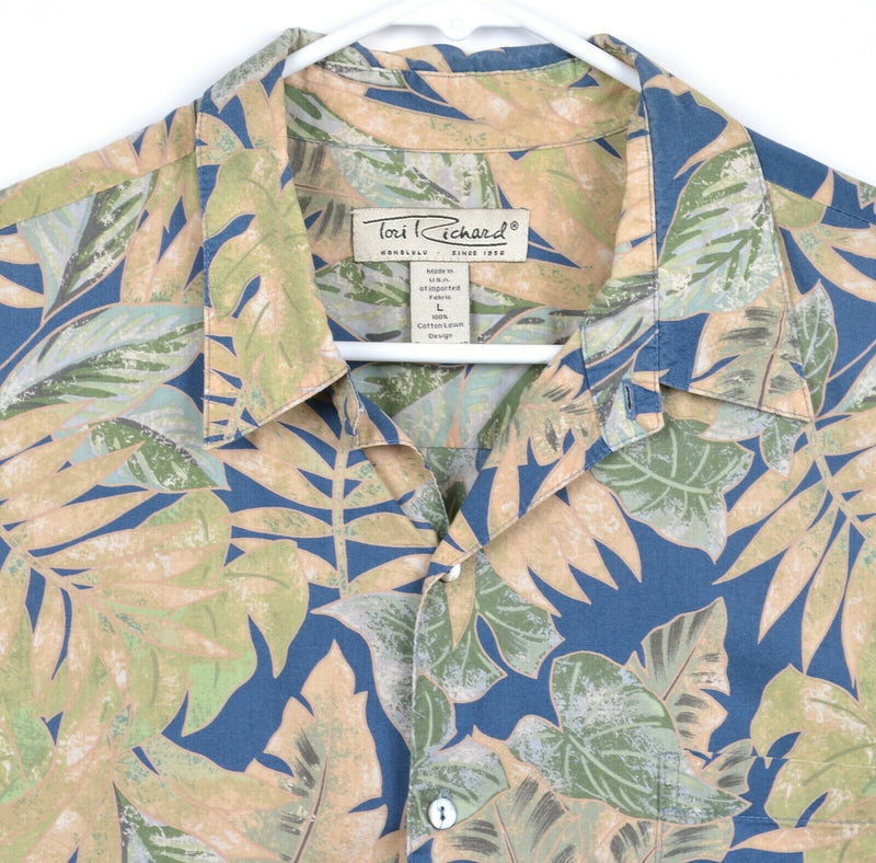 Tori Richard Men's Large Floral Palm Leaves Blue Tan Cotton Lawn Hawaiian Shirt