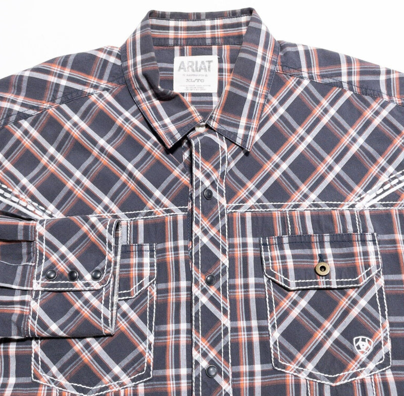 Ariat Pearl Snap Shirt Men's XL Retro Fit Plaid Western Rockabilly Gray Orange