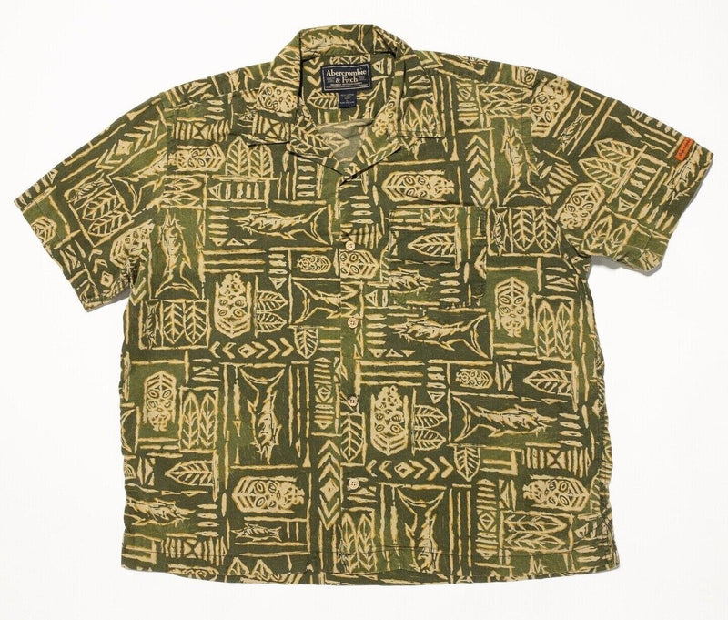 Abercrombie & Fitch Hawaiian Shirt Large Men's Vintage 90s Fish Camp Green Aloha