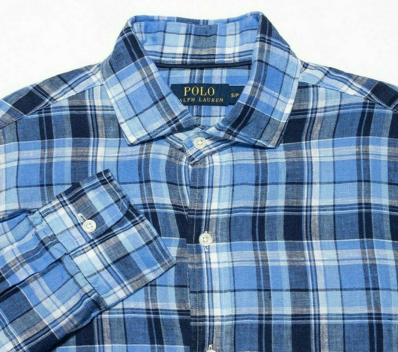 Polo Ralph Lauren Linen Shirt Blue Plaid Spread Collar Long Sleeve Men's Small