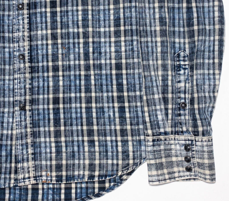 Gap Pearl Snap Shirt Men's Large Slim Distressed Faded Blue Western Rockabilly