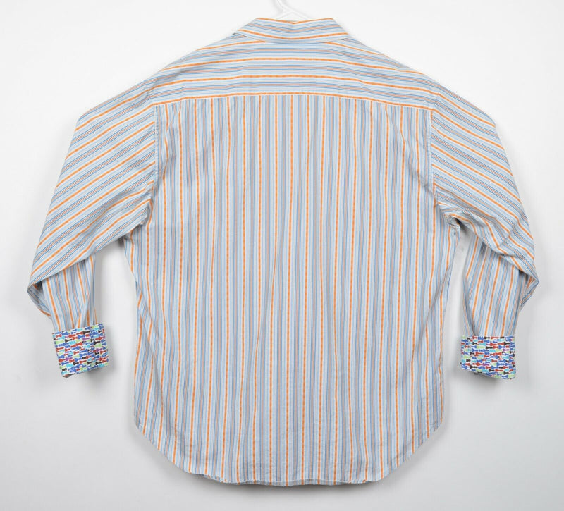 Robert Graham Shirt Men's XL Flip Cuff Chess Pieces Orange Multi-Color Striped