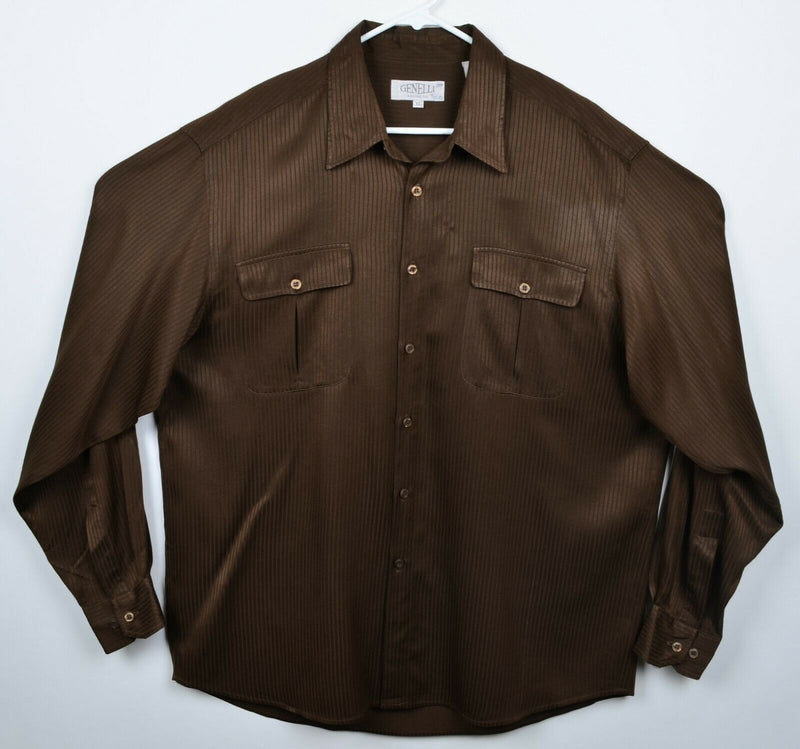 Genelli Men's Sz XL 100% Silk Textured Stripe Brown Button-Front Club Shirt