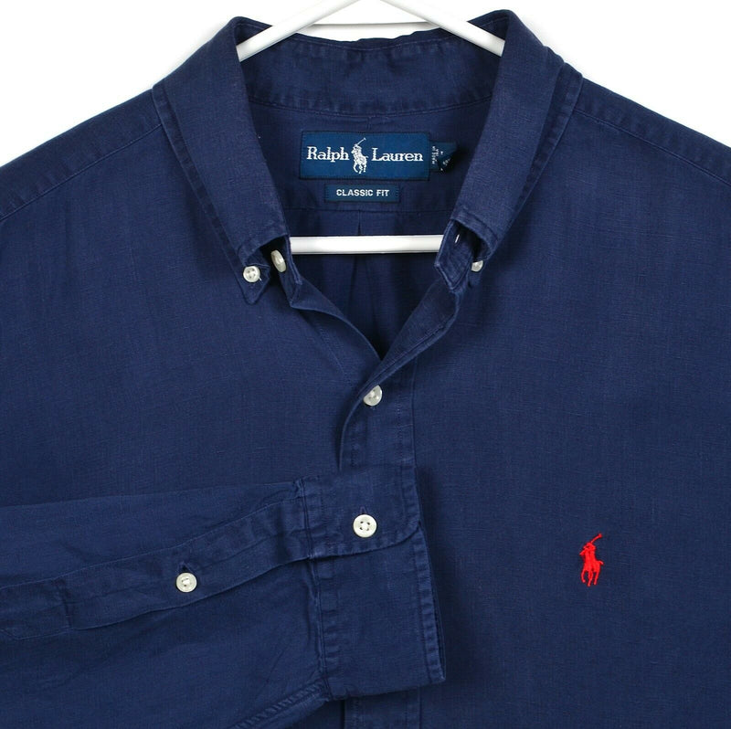 Polo Ralph Lauren Men's Large Classic Linen Silk Blend Navy Button-Down Shirt