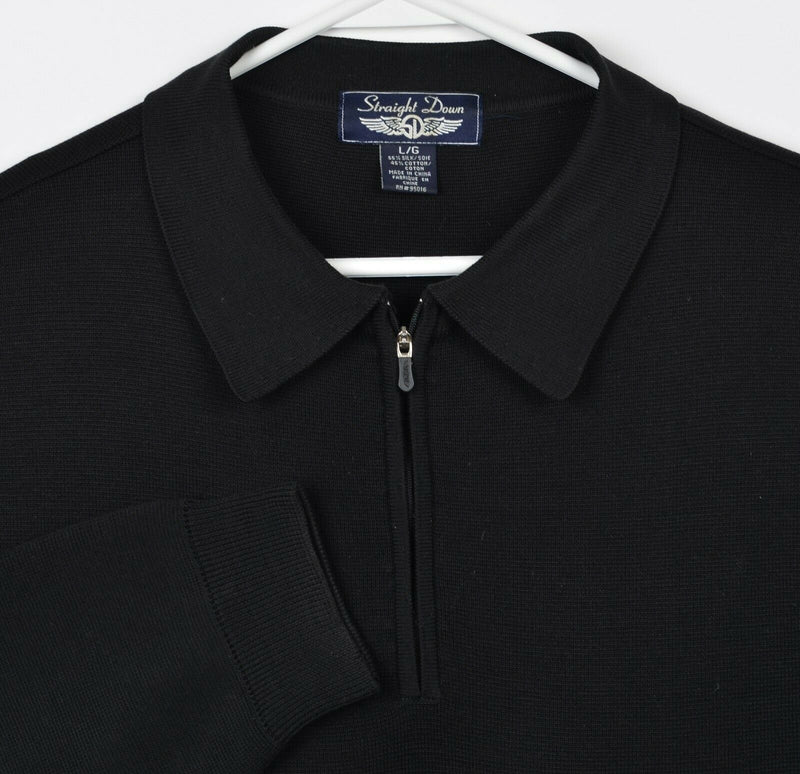 Straight Down Men's Large Silk Blend 1/4 Zip Solid Black Pullover Golf Sweater