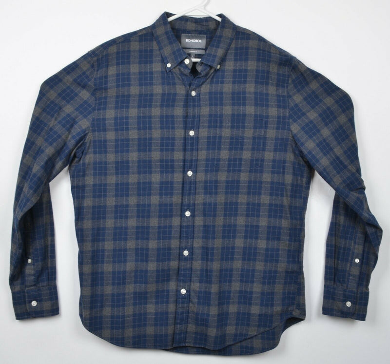 Bonobos Men's Large Standard Fit Navy Blue Gray Plaid Button-Down Shirt