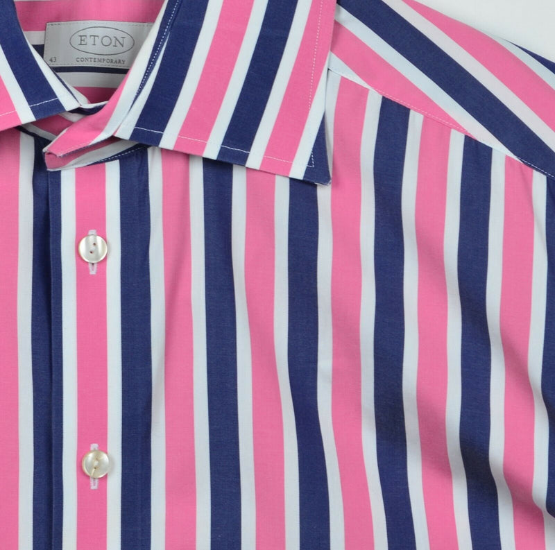 Eton Contemporary Men's Sz 17 Pink Navy Blue Striped Spread Collar Dress Shirt