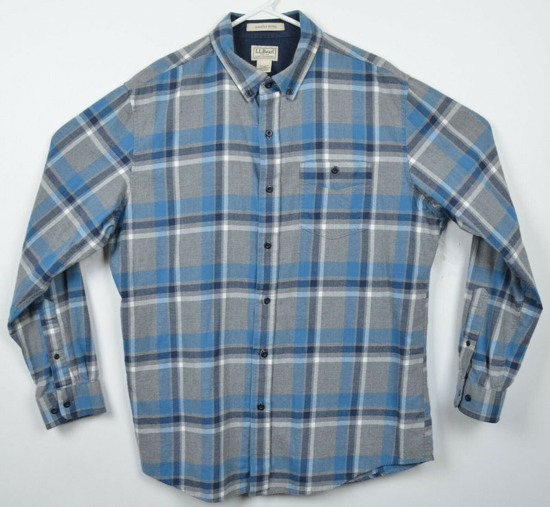 LL Bean Men's Large Lakewashed Flannel Gray Blue Plaid Slightly Fitted Shirt
